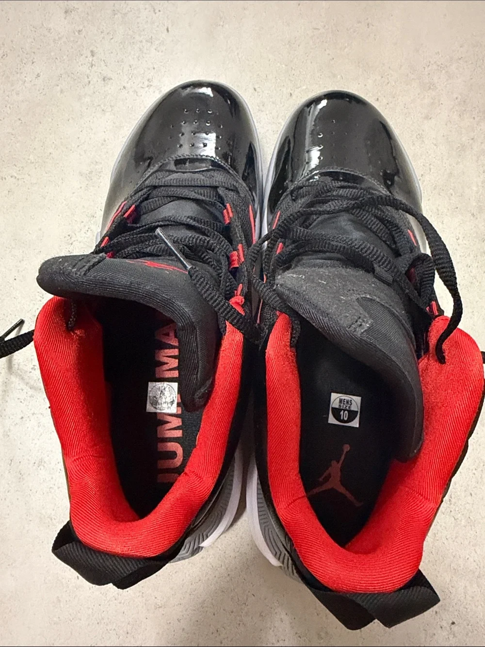New Jordan stay loyal, Men's Black Patent Leather Basketball Shoes with Red Acce